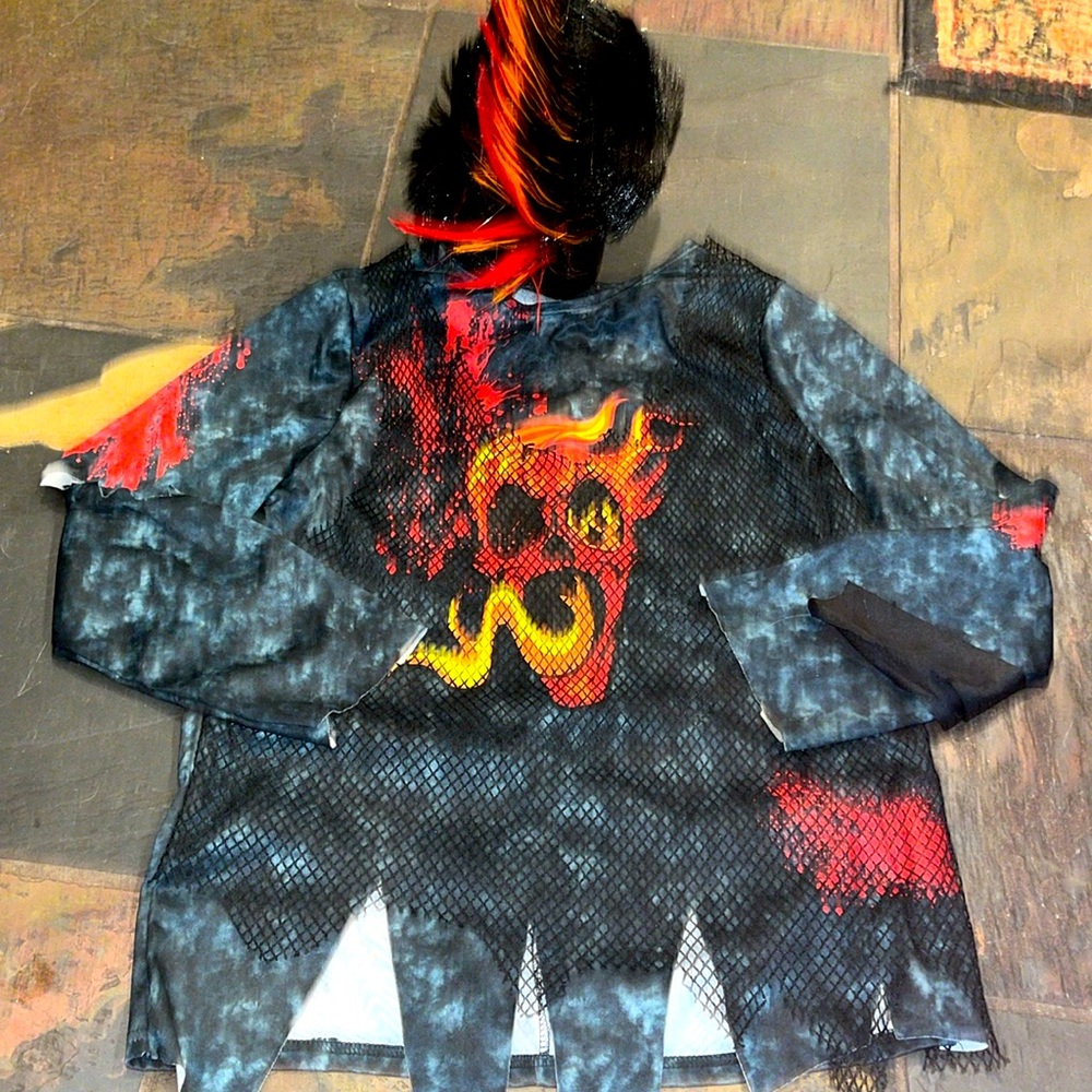 Punk EMO rocker ZOMBIE BIKER skull shirt Halloween Costume flame MOHAWK BOYS LG